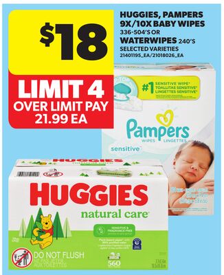 HUGGIES, PAMPERS, 9X/10X BABY WIPES, 336-504'S OR WATERWIPES, 240'S