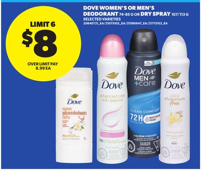 DOVE WOMEN'S OR MEN'S DEODORANT, 74-85 G OR DRY SPRAY, 107/113 G