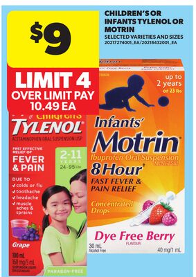 CHILDREN'S OR INFANTS TYLENOL OR MOTRIN