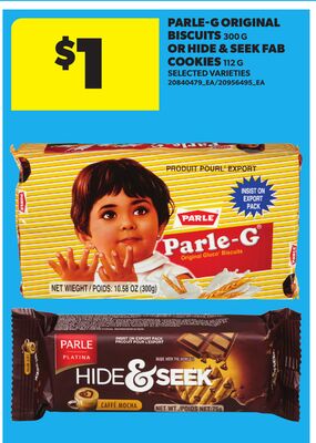 PARLE-G ORIGINAL BISCUITS, 300 G OR HIDE & SEEK FAB COOKIES, 112 G