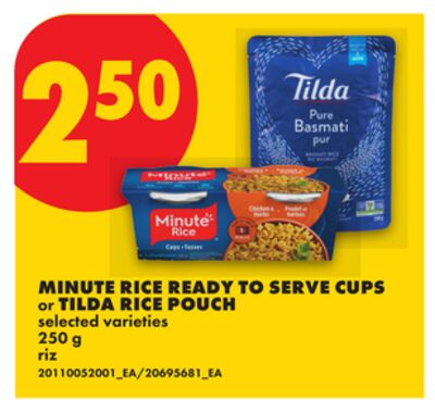 MINUTE RICE READY TO SERVE CUPS or TILDA RICE POUCH, 250 G