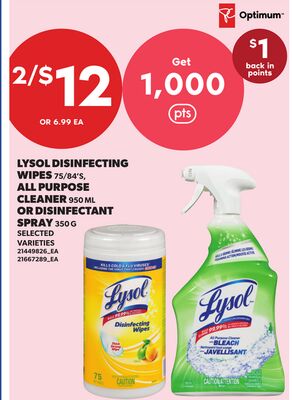 LYSOL DISINFECTING WIPES, 75/84'S, ALL PURPOSE CLEANER, 950 ML OR DISINFECTANT SPRAY, 350 G