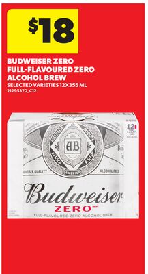 BUDWEISER ZERO FULL-FLAVOURED ZERO ALCOHOL BREW, 12X355 ML