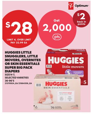 HUGGIES LITTLE SNUGGLERS, LITTLE MOVERS, OVERNITES OR SKIN ESSENTIALS SUPER BIG PACK DIAPERS, 36-96'S, SIZE N-7