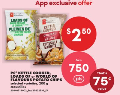 PC® KETTLE COOKED, LOADS OF or WORLD OF FLAVOURS POTATO CHIPS, 200 G