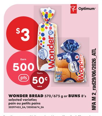WONDER BREAD, 570/675 G OR BUNS, 8'S