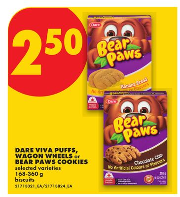 DARE VIVA PUFFS, WAGON WHEELS or BEAR PAWS COOKIES, 168-360 g