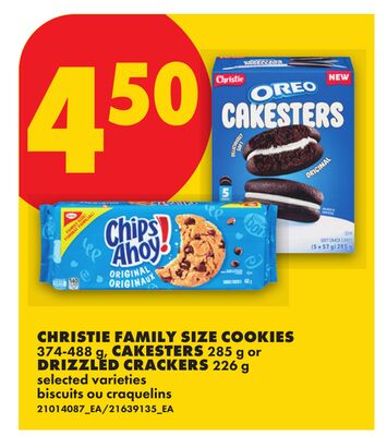 CHRISTIE FAMILY SIZE COOKIES, 374-488 G, CAKESTERS, 285 G OR DRIZZLED CRACKERS, 226 G