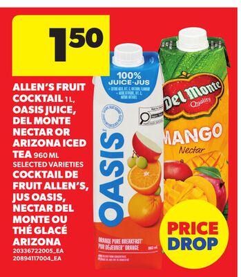 ALLEN'S FRUIT COCKTAIL, 1L, OASIS JUICE, DEL MONTE NECTAR OR ARIZONA ICED TEA, 960 ML