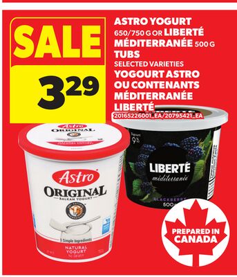 ASTRO YOGURT, 650/750 G OR LIBERTÉ MÉDITERRANÉE, 500 G TUBS
