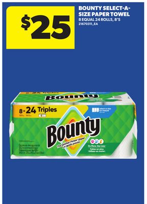 BOUNTY SELECT-A-SIZE PAPER TOWEL, 8 EQUAL, 24 ROLLS, 8'S