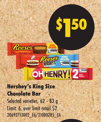 HERSHEY'S KING SIZE CHOCOLATE BAR, 62 - 83 G