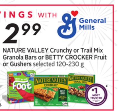 NATURE VALLEY Crunchy or Trail Mix Granola Bars or BETTY CROCKER Fruit or Gushers