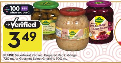 KÜHNE Sauerkraut 796 mL, Prepared Red Cabbage 720 mL, or Gourmet Select Gherkins 500 mL