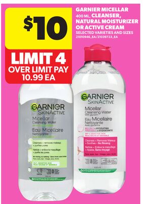 GARNIER MICELLAR, 400 ML, CLEANSER, NATURAL MOISTURIZER OR ACTIVE CREAM