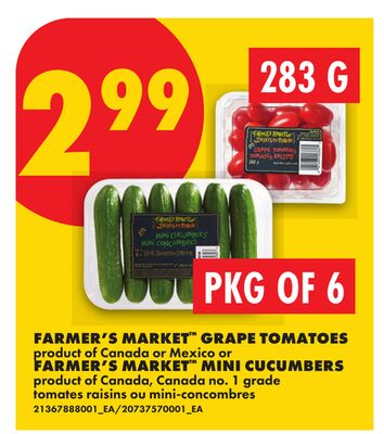 FARMER'S MARKET™ GRAPE TOMATOES, 283 G OR FARMER'S MARKET™ MINI CUCUMBERS, PKG OF 6