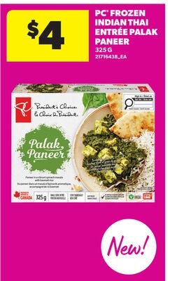 PC® FROZEN INDIAN THAI ENTRÉE PALAK PANEER, 325 G