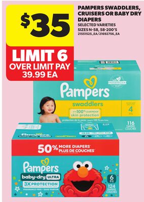 PAMPERS SWADDLERS, CRUISERS OR BABY DRY DIAPERS, SIZES N-58, 58-200'S