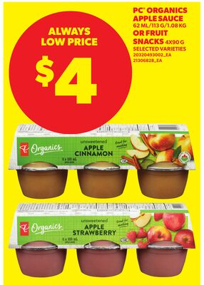 PC® ORGANICS APPLE SAUCE, 62 ML/113 G/1.08 KG OR FRUIT SNACKS, 4X90 G