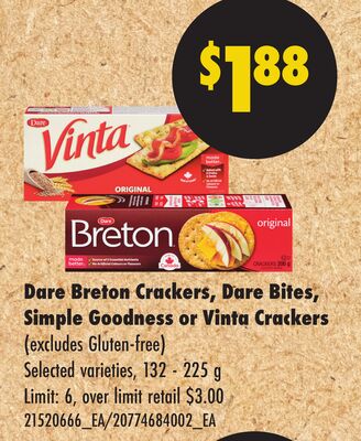 DARE BRETON CRACKERS, DARE BITES, SIMPLE GOODNESS OR VINTA CRACKERS, 132 - 225 G