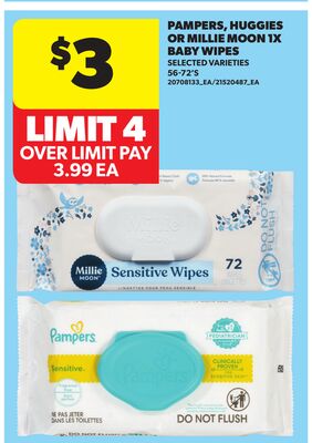 PAMPERS, HUGGIES OR MILLIE MOON 1X BABY WIPES, 56-72'S