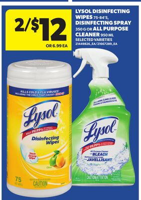 LYSOL DISINFECTING WIPES, 75‑84'S, DISINFECTING SPRAY, 350 G OR ALL PURPOSE CLEANER, 950 ML