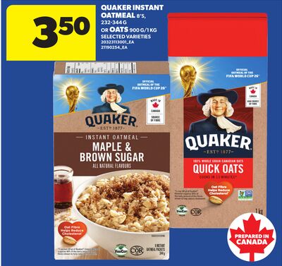 QUAKER INSTANT OATMEAL, 8'S, 232‑344 G OR OATS, 900 G/1 KG
