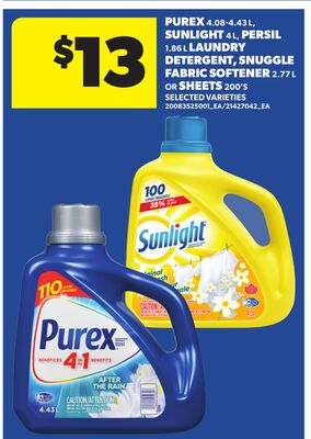 PUREX, 4.08‑4.43 L, SUNLIGHT, 4 L, PERSIL, 1.86 L LAUNDRY DETERGENT, SNUGGLE FABRIC SOFTENER, 2.77 L OR SHEETS, 200'S
