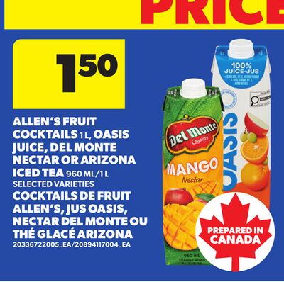 ALLEN'S FRUIT COCKTAILS, 1 L, OASIS JUICE, DEL MONTE NECTAR OR ARIZONA ICED TEA, 960 ML/1 L