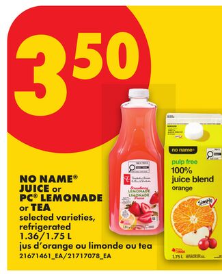 NO NAME® JUICE or PC® LEMONADE or TEA, 1.36 L / 1.75 L