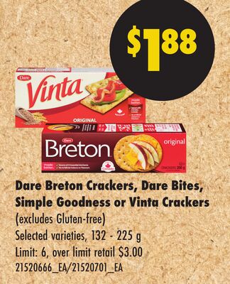 DARE BRETON CRACKERS, DARE BITES, SIMPLE GOODNESS OR VINTA CRACKERS, 132 - 225 g
