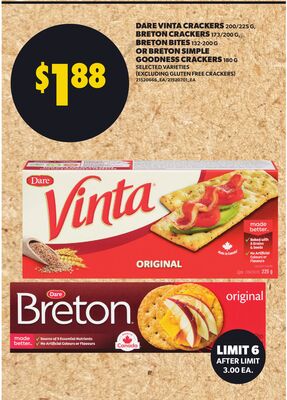 DARE VINTA CRACKERS 200/225 G, BRETON CRACKERS 172/200 G, BRÉTON ORIGINAL OR BRETON SIMPLE GOODNESS CRACKERS 100 G