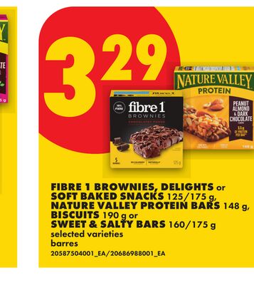 FIBRE 1 BROWNIES, DELIGHTS or SOFT BAKED SNACKS, 125/175 g, NATURE VALLEY PROTEIN BARS, 148 g, BISCUITS, 190 g or SWEET & SALTY BARS, 160/175 g