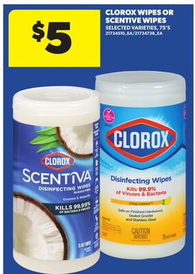 CLOROX WIPES OR SCENTIVE WIPES, 75'S