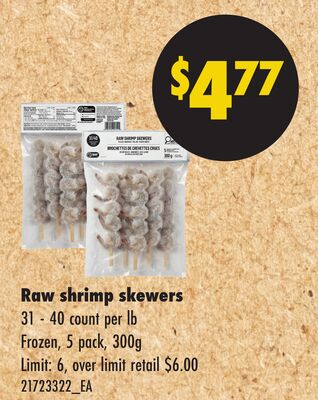 RAW SHRIMP SKEWERS, 31 - 40 count per lb, , 5 pack, 300g