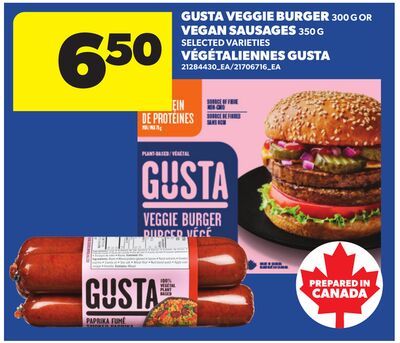 GUSTA VEGGIE BURGER, 300 G OR VEGAN SAUSAGES, 350 G