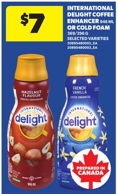 INTERNATIONAL DELIGHT COFFEE ENHANCER, 946 ML OR COLD FOAM, 369/396 G