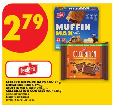 LECLERC GO PURE BARS, 140-175 g, NUGABAR BARS, 175 g, MUFFINMAX BAR, 223 g, or CELEBRATION COOKIES, 200/240 g