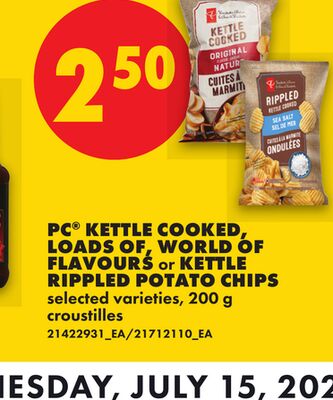 PC® KETTLE COOKED, LOADS OF WORLD OF FLAVOURS or KETTLE RIPPLED POTATO CHIPS, 200 g