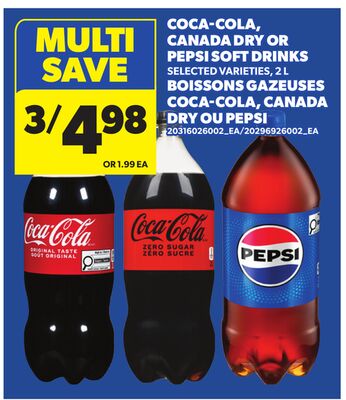 COCA-COLA, CANADA DRY OR PEPSI SOFT DRINKS, 2 L