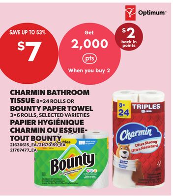 CHARMIN BATHROOM TISSUE, 8=24 ROLLS OR BOUNTY PAPER TOWEL, 3=6 ROLLS,
