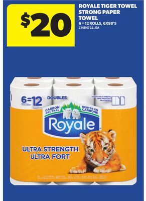 ROYALE TIGER TOWEL STRONG PAPER TOWEL, 6 = 12 ROLLS, 6X98'S
