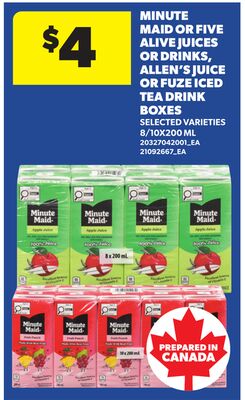 MINUTE MAID OR FIVE ALIVE JUICES OR DRINKS, ALLEN'S JUICE OR FUZE ICED TEA DRINK BOXES, 8/10X200 ML