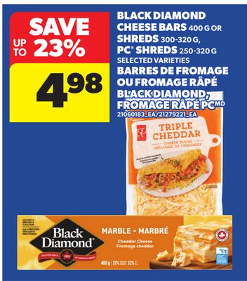 BLACK DIAMOND CHEESE BARS, 400 G OR SHREDS, 300-320 G, PC® SHREDS, 250-320 G