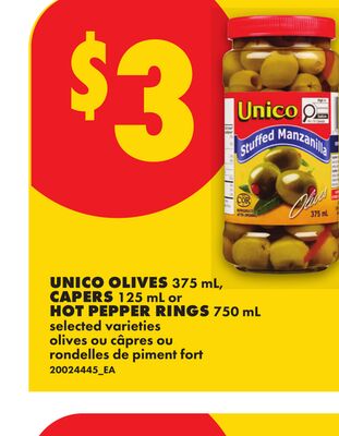 UNICO OLIVES, 375 ML, CAPERS 125 ML OR HOT PEPPER RINGS, 750 ML
