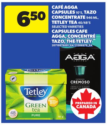 CAFÉ AGGA CAPSULES, 10's, TAZO CONCENTRATE 946 ML, TETLEY TEA, 40/48's
