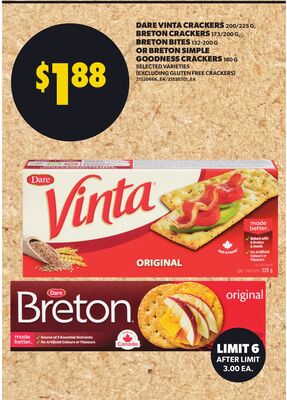 DARE VINTA CRACKERS, 200/225 G, BRETON CRACKERS, 173/200 G, BRETON BITES, 132-200 G OR BRETON SIMPLE GOODNESS CRACKERS, 180 G