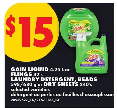 GAIN LIQUID, 4.25 L OR FLINGS, 42'S LAUNDRY DETERGENT, BEADS, 598/680 G OR DRY SHEETS, 240'S