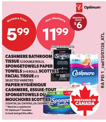 CASHMERE BATHROOM TISSUE, 12 DOUBLE ROLLS, SPONGETOWELS PAPER TOWELS, 3=6 ROLLS, OR SCOTTIES FACIAL TISSUE, 6'S