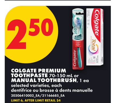 COLGATE PREMIUM TOOTHPASTE 70-150 mL or MANUAL TOOTHBRUSH, 1 ea
